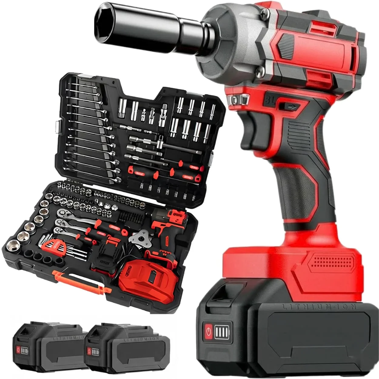Cordless impact wrench with accessory case and batteries